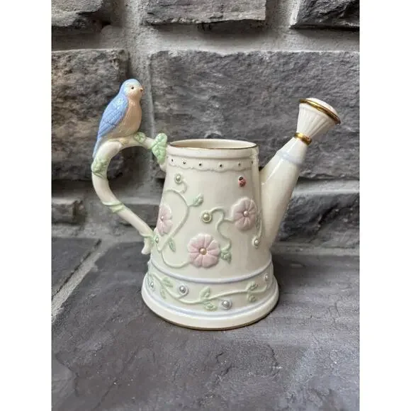 Lenox Petal And Pearls Bluebird Bud Vase Watering Can 5” Porcelain Cottagecore - Picture 1 of 11